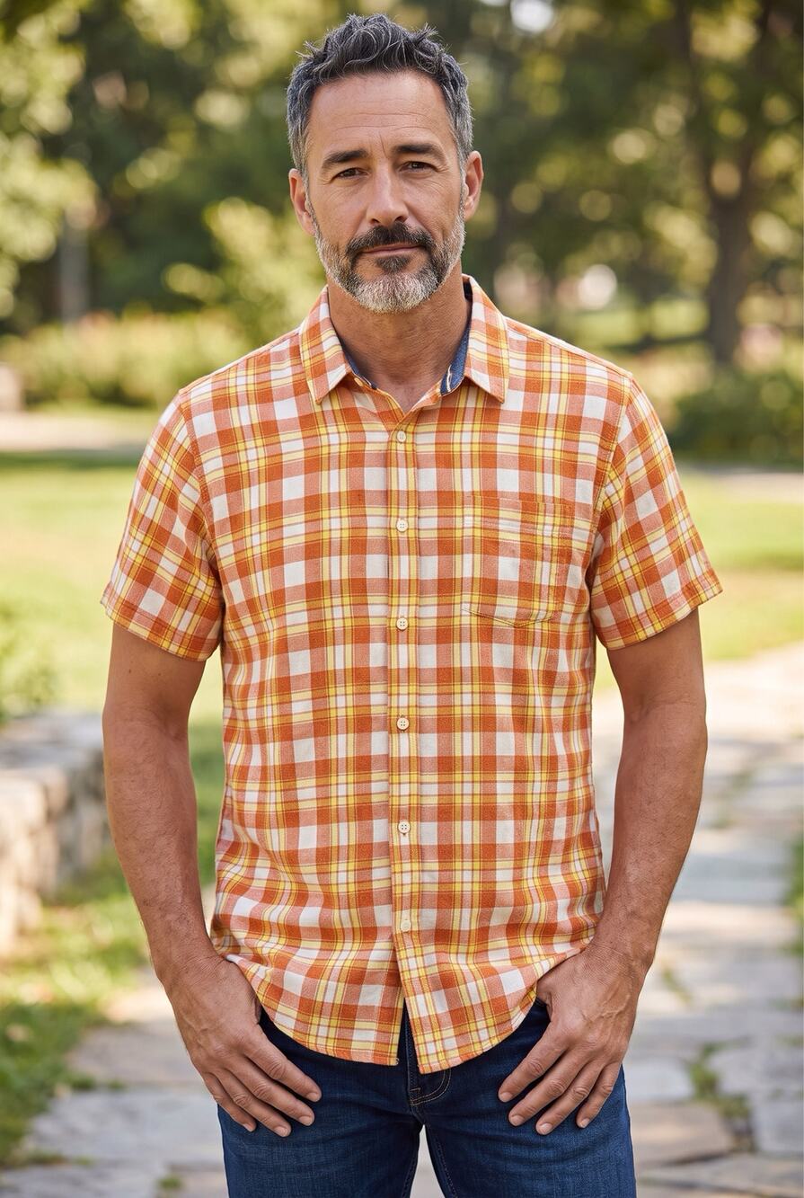 Sun + Stone Orange Cream Plaid Button Front Shirt